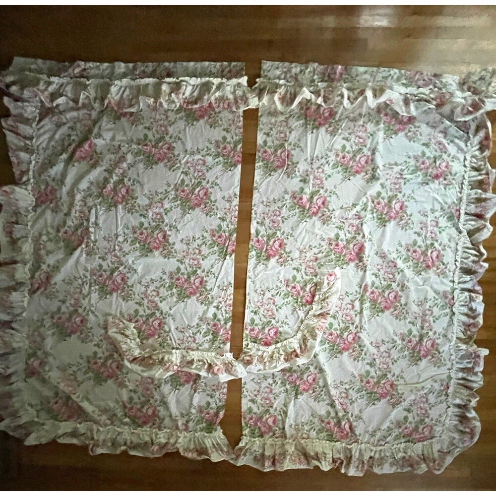 Set of 2 Vintage Laura Ashley Pink Cottage Rose Ruffled Curtain Panels w/ Ties